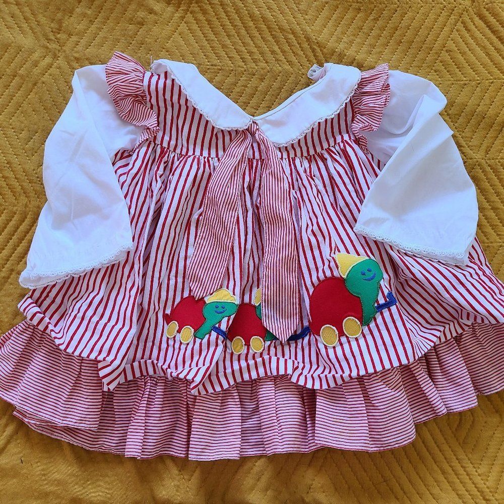 Vintage Girls Dress Size 24 Months 2T Red Stripe Caterpillar Embroidery